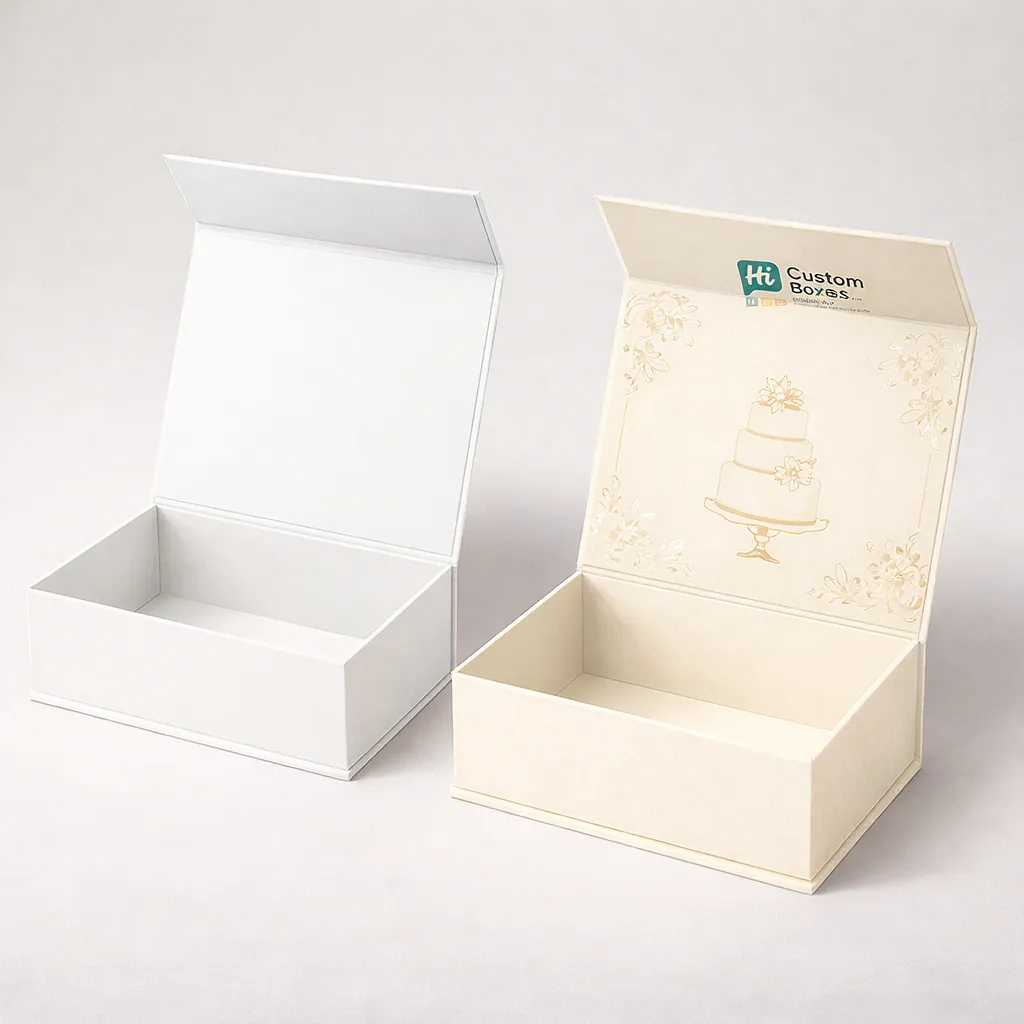 Open luxury rigid wedding cake boxes in white and cream with premium magnetic closures and elegant gold-foiled illustrations. class=